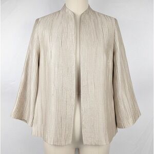 Eileen Fisher 100% Silk Textured Jacket Beige Tan Mandarin Collar Open Front SP